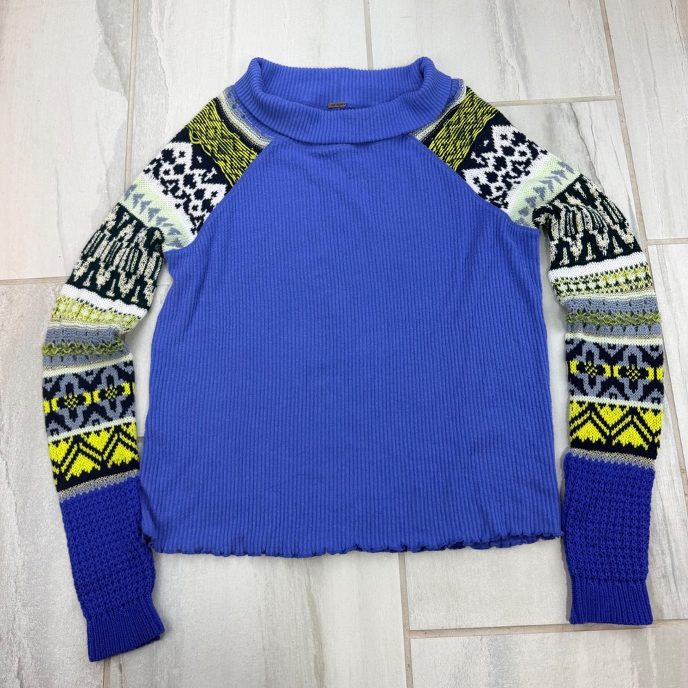 Free People Blue Ribbed Thermal Fair Isle Sleeve Mock Neck Sweater Top